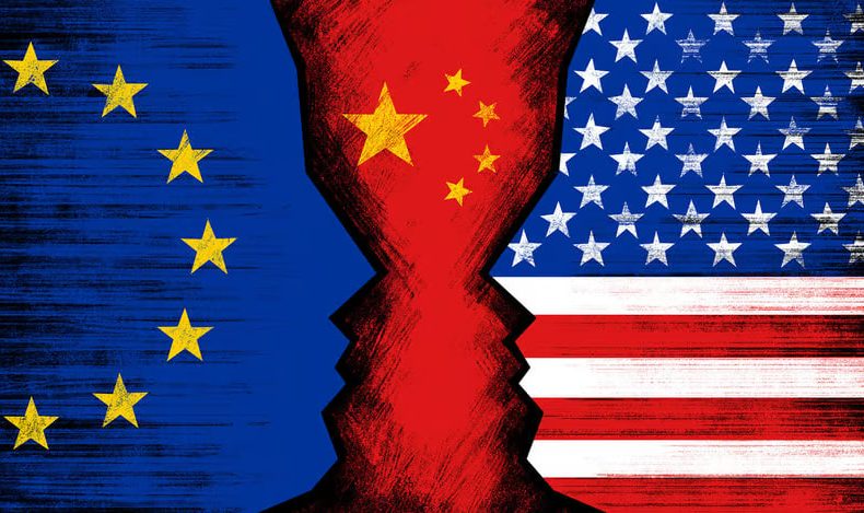 Global economic policies and trade strategies by the U.S., China, and the EU influencing global markets and sustainability.